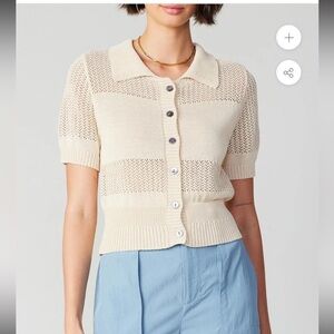 Moct Womens Ivory Collared Short Sleeve Button Front Cardigan Sweater Small $107